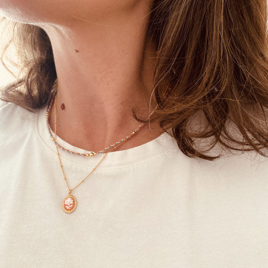 Collier Nino Rose Corail Turquoise, cordon en coton et gold filled - Vée bijoux, vue 2